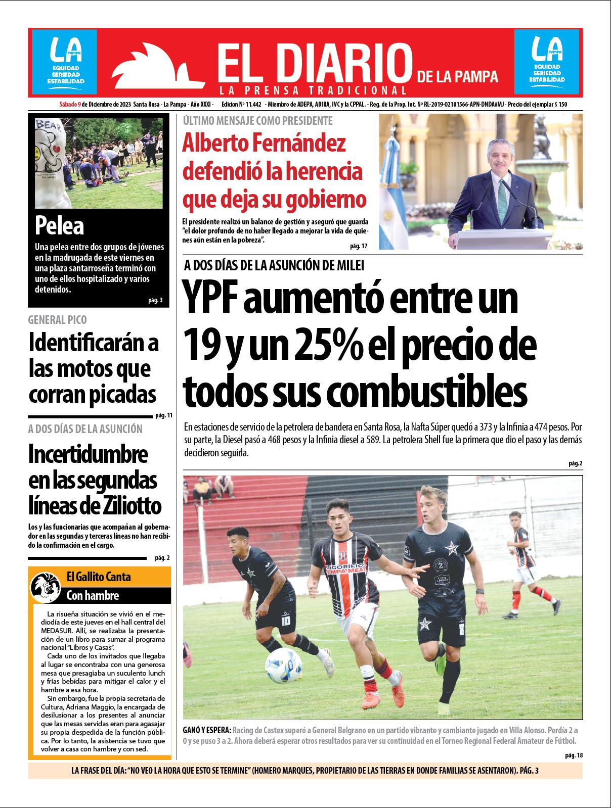 Tapa de El Diario en papel  saacutebado 09 de diciembre de 2023